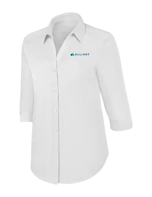 Womens White 3/4 Sleeve Carefree Poplin Shirt w/Alliant Logo