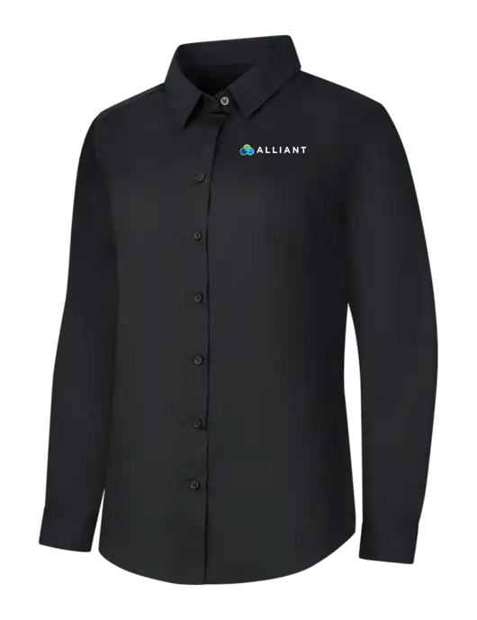 Womens Black Long Sleeve Carefree Poplin Shirt w/Alliant Logo