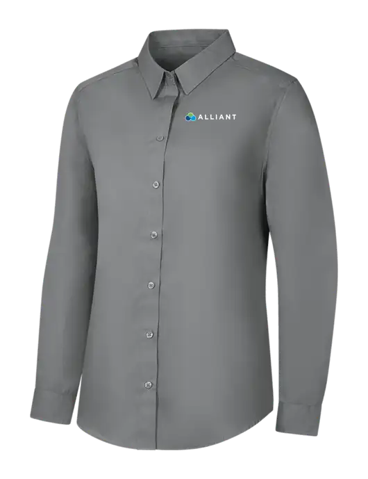 Womens Medium Grey Long Sleeve Carefree Poplin Shirt w/Alliant Logo