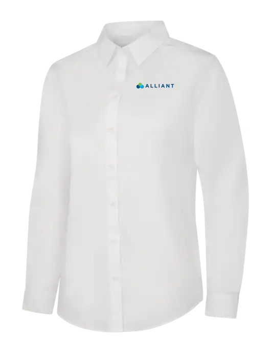 Womens White Long Sleeve Carefree Poplin Shirt w/Alliant Logo