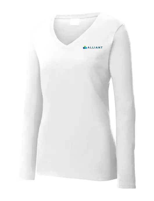 Womens  V-Neck Ring Spun White 4.5 oz Long Sleeve T-Shirt w/Alliant Logo