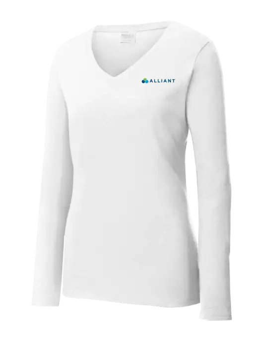 Womens  V-Neck Ring Spun White 4.5 oz Long Sleeve T-Shirt w/Alliant Logo