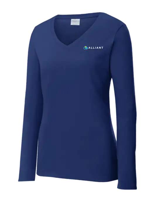 Womens  V-Neck Ring Spun Navy 4.5 oz Long Sleeve T-Shirt w/Alliant Logo
