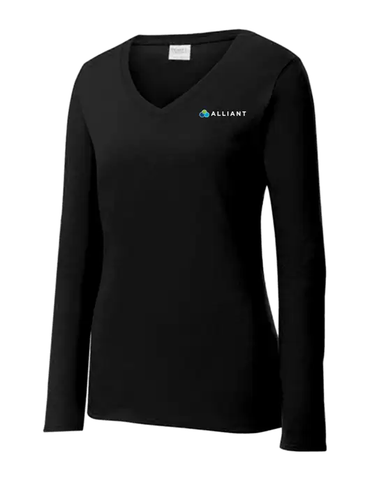 Womens V-Neck Ring Spun Jet Black 4.5 oz Long Sleeve T-Shirt w/Alliant Logo