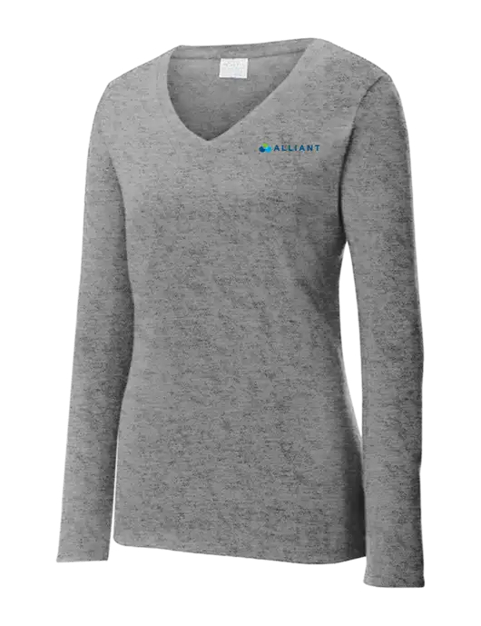 Womens  V-Neck Ring Spun Grey Heather 4.5 oz Long Sleeve T-Shirt w/Alliant Logo