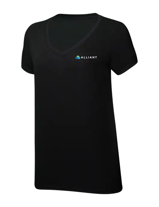 Womens Simply Soft V-Neck Black 4.5oz  Poly/Combed Ring Spun Cotton T-Shirt w/Alliant Logo