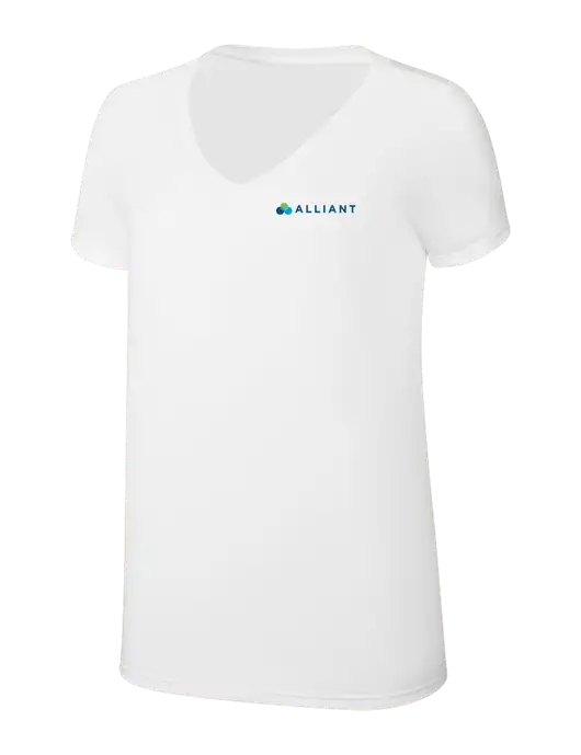Womens Simply Soft V-Neck White 4.5oz  Poly/Combed Ring Spun Cotton T-Shirt w/Alliant Logo