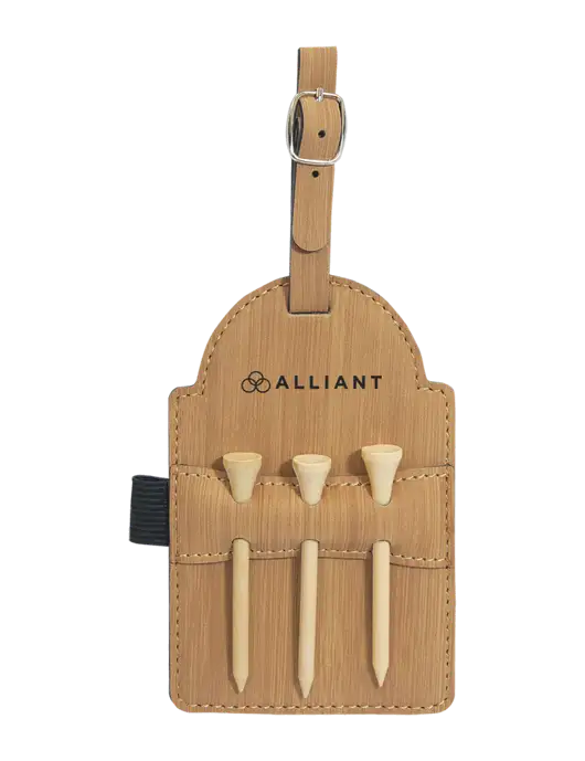 Bamboo Leatherette Golf Bag Tag with 3 Wooden Tees w/Alliant Logo