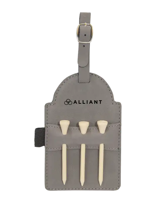 Grey Leatherette Golf Bag Tag with 3 Wooden Tees w/Alliant Logo