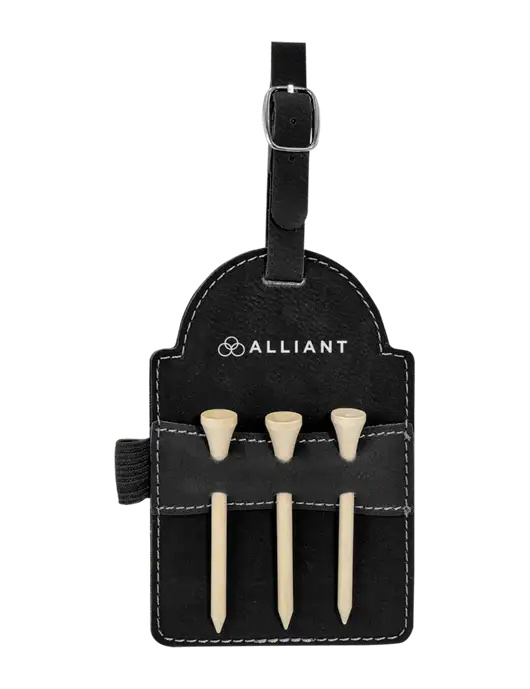 Black Leatherette Golf Bag Tag with 3 Wooden Tees w/Alliant Logo
