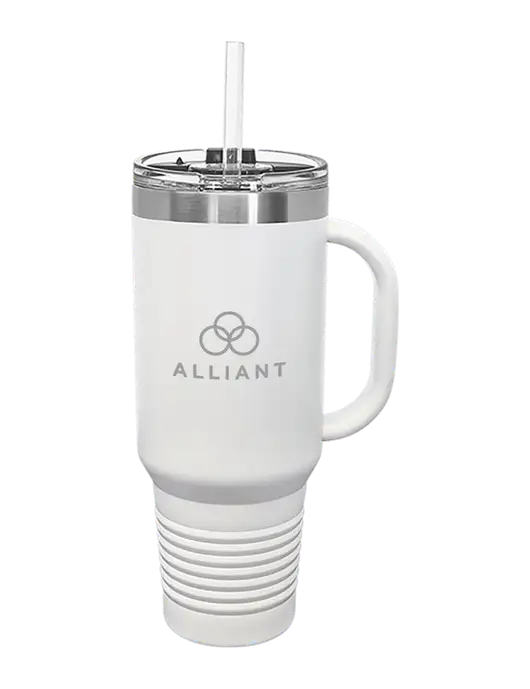 Polar Camel 40 oz. Powder Coated Vacuum Insulated White Travel Mug with Straw w/Alliant Logo