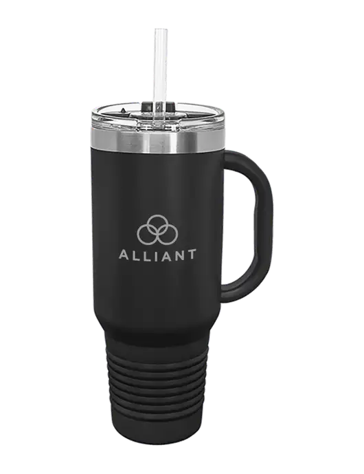 Polar Camel 40 oz. Powder Coated Vacuum Insulated Black Travel Mug with Straw w/Alliant Logo