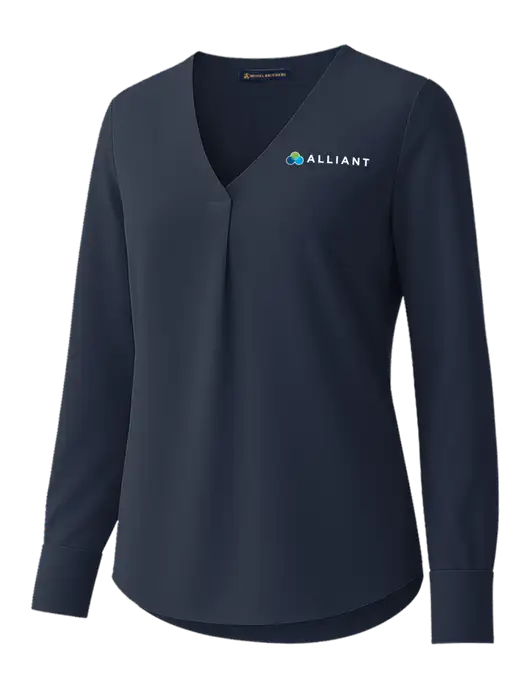Brooks Brothers Womens Dark Navy Open-Neck Satin Blouse  w/Alliant Logo