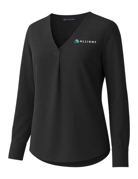 Brooks Brothers Womens Black Open-Neck Satin Blouse  w/Alliant Logo