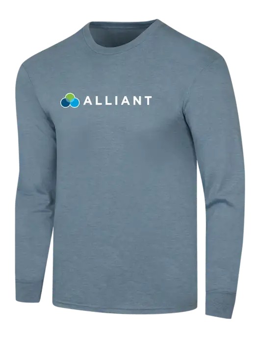 Simply Soft Long Sleeve Slate Blue Heather 4.5 oz, Poly/Combed Ring Spun Cotton T-Shirt w/Alliant Logo