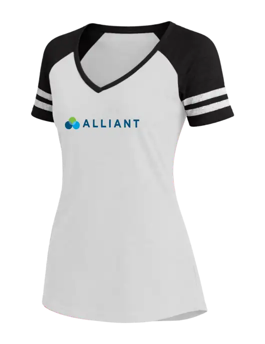 Womens White/Black V-Neck Game Tee w/Alliant Logo