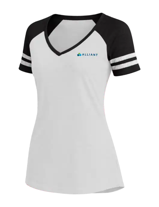 Womens White/Black V-Neck Game Tee w/Alliant Logo