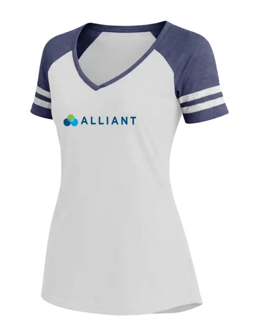 Womens White/Navy Heather V-Neck Game Tee w/Alliant Logo