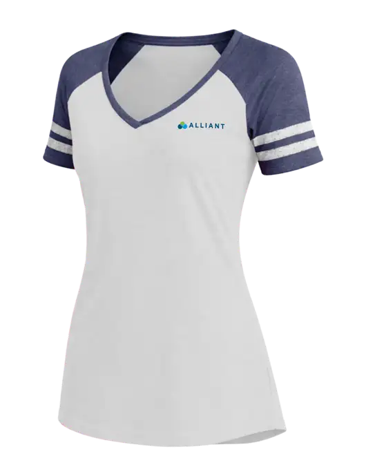 Womens White/Navy Heather V-Neck Game Tee w/Alliant Logo