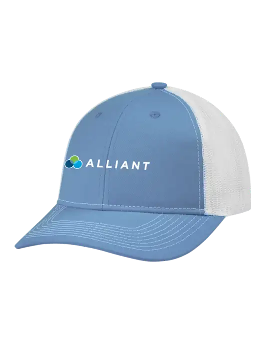 Snapback Ponytail Trucker Cap Carolina Blue w/White Mesh w/Alliant Logo