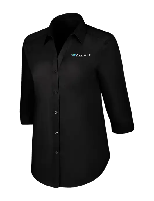 Womens Black 3/4 Sleeve Carefree Poplin Shirt w/Foundation Logo