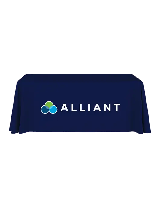 6' Stain-Resistant 4-Sided Dark Navy Table Cover w/Alliant Logo